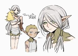 Rule 34 | 1boy, 2girls, arm tattoo, bare shoulders, blonde hair, blush, carrying, carrying person, chibi, chibi inset, closed eyes, dungeon meshi, earrings, elf, fleki, gorget, green eyes, grey hair, hair around ear, jewelry, krsmentaiko, long hair, low twintails, lycion, multiple earrings, multiple girls, notched ear, otta (dungeon meshi), pointy ears, princess carry, short hair, simple background, sleeveless, tattoo, topless male, tunic, twintails, very short hair, white background