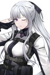 Rule 34 | 1girl, absurdres, ak-12 (girls&#039; frontline), ammunition pouch, braid, collared shirt, commentary request, french braid, girls&#039; frontline, gloves, hair ribbon, high ponytail, highres, long hair, looking at viewer, one eye closed, parted lips, partially fingerless gloves, pouch, purple eyes, ribbon, saiun sigma, shirt, sidelocks, silver hair, strap, tactical clothes, very long hair, white background