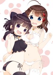 Rule 34 | &gt;:d, 2girls, :d, ahoge, animal ear legwear, ass, bell, neck bell, black bra, black hair, black panties, blue eyes, blush, bow, bra, breast press, breasts, brown hair, cat ear legwear, cat cutout, cat ear panties, cat lingerie, choker, cleavage, cleavage cutout, clothing cutout, from side, hair bow, hair ornament, hair ribbon, hairclip, hand on another&#039;s hip, hebime sayoko, highres, ikutsuki kokoro, jingle bell, large breasts, looking at viewer, matching outfits, meme attire, muku (muku-coffee), multiple girls, navel, nyoroko no namahousou!, open mouth, original, panties, paw print, print panties, purple eyes, ribbon, short hair, side-tie panties, smile, tears, underwear, underwear only, v-shaped eyebrows, wavy mouth, white bra, white panties
