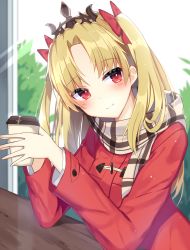 Rule 34 | 1girl, blonde hair, blush, brown scarf, closed mouth, coat, cup, day, disposable cup, duffel coat, ereshkigal (fate), fate/grand order, fate (series), hair ribbon, hands up, head tilt, highres, holding, holding cup, light particles, long hair, long sleeves, looking at viewer, mizuki ryuu, parted bangs, plaid, plaid scarf, red coat, red eyes, red ribbon, ribbon, scarf, shirt, sidelocks, smile, solo, tiara, two side up, upper body, white shirt