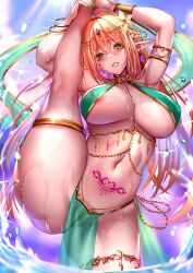 Rule 34 | 1girl, arabian clothes, areola slip, arms up, bangle, blonde hair, bracelet, breasts, cleavage, elf, flower, green eyes, hair flower, hair ornament, harem outfit, highres, holding own leg, jewelry, kuro (tbm9187), large breasts, navel, original, parted lips, pelvic curtain, pointy ears, pubic tattoo, revealing clothes, solo, split, standing, standing on one leg, standing split, stomach, tattoo, thong, underboob, wading, water