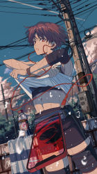 Rule 34 | 1girl, abs, absurdres, bike shorts, black bra, bottle, bra, bracelet, cellphone, chain-link fence, cloud, earphones, fanny pack, fence, headphones, highres, huge filesize, jewelry, mainri-qin, open mouth, original, outdoors, phone, power lines, red eyes, red hair, shirt, short hair, signature, smartphone, solo, sports bra, sweat, tomboy, towel, underwear, undressing, utility pole, white shirt