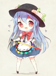 Rule 34 | 1girl, :d, artist name, bare legs, beige background, black footwear, black hat, blue hair, blue skirt, bow, bowtie, buttons, chibi, food, frilled skirt, frills, fruit, full body, hand on own hip, hat, hat ornament, heart, hinanawi tenshi, holding, holding sword, holding weapon, legs apart, long hair, no legwear, no socks, okono, open mouth, peach, puffy short sleeves, puffy sleeves, rainbow order, red bow, red bowtie, red eyes, shirt, shoes, short sleeves, simple background, skirt, smile, solo, standing, sword, sword of hisou, tareme, teeth, touhou, unsheathed, very long hair, weapon, white shirt