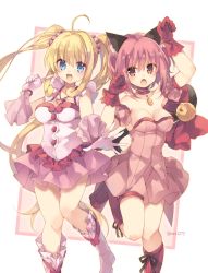 Rule 34 | 2girls, :d, :o, ahoge, animal ear fluff, animal ears, arm up, bare shoulders, bell, blonde hair, blue eyes, blush, boots, bow, breasts, cat ears, cat girl, cat tail, cleavage, collarbone, commentary, crossover, detached sleeves, dress, frills, gloves, hair between eyes, jingle bell, long hair, medium breasts, mermaid melody pichi pichi pitch, mew ichigo, momomiya ichigo, multiple girls, nakayoshi, nanami lucia, open mouth, paw pose, pink dress, pink footwear, pink gloves, pink hair, pink skirt, pink sleeves, pleated dress, pleated skirt, puffy short sleeves, puffy sleeves, red bow, red eyes, red footwear, red gloves, rento (rukeai), short sleeves, skirt, smile, standing, standing on one leg, strapless, strapless dress, tail, tail bell, tail bow, tail ornament, tokyo mew mew, twintails, twitter username, very long hair