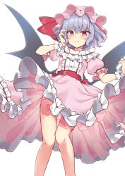 Rule 34 | 1girl, arm up, bat wings, beni kurage, blush, breasts, buttons, center frills, dress, frilled dress, frilled skirt, frills, hair between eyes, hand in own hair, hat, highres, knees, mob cap, pink dress, puffy short sleeves, puffy sleeves, purple hair, red eyes, red sash, remilia scarlet, ribbon, sash, short hair, short sleeves, simple background, skirt, small breasts, smile, solo, touhou, white background, wings, wrist ribbon
