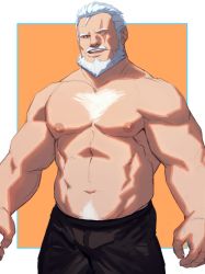 Rule 34 | 1boy, abs, bara, beard, black pants, bulge, chest hair, facial hair, hair strand, highres, large pectorals, looking at viewer, male focus, mature male, muscular, muscular male, navel, navel hair, nipples, old, old man, overwatch, overwatch 1, pants, pectorals, reinhardt (overwatch), ryker, scar, scar across eye, scar on face, short hair, simple background, smile, solo, stomach, topless male, white hair