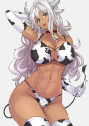 Rule 34 | 1girl, abs, absurdres, animal print, bare shoulders, bell, bikini, breasts, clash kuro neko, cleavage, collar, collarbone, commentary request, cow print, cowbell, dark skin, dark-skinned female, elbow gloves, female focus, gloves, grey background, hair between eyes, highres, large breasts, looking at viewer, navel, open mouth, original, simple background, solo, swimsuit, thighhighs, tongue, white hair