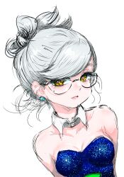 Rule 34 | 1girl, bare shoulders, bespectacled, bow-shaped hair, breasts, cleavage, cross-shaped pupils, detached collar, earrings, glasses, grey hair, highres, humanization, jewelry, koharu2.5, marie (splatoon), medium breasts, mole, mole under eye, nintendo, parted lips, red pupils, short hair, solo, splatoon (series), splatoon 1, symbol-shaped pupils, upper body, yellow eyes