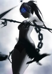 Rule 34 | 1girl, absurdres, black bra, black hair, black rock shooter, black rock shooter (character), black shorts, blue eyes, bra, breasts, chain, claws, from below, glowing, glowing eye, highres, holding, holding weapon, long hair, short shorts, shorts, sidelocks, small breasts, solo, twintails, underwear, uneven twintails, weapon