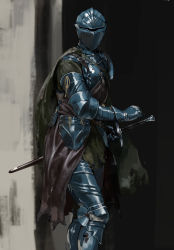 Rule 34 | 1other, absurdres, ambiguous gender, armor, blue armor, blue gloves, blue headwear, blurry, blurry background, breastplate, brown cape, cape, covered face, facing viewer, faulds, fighting stance, full armor, gauntlets, gloves, helm, helmet, highres, holding, holding sword, holding weapon, knee pads, leg armor, nisetanaka, original, other focus, ready to draw, sheath, sheathed, shiny clothes, solo, standing, sword, torn cape, torn clothes, weapon