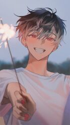 Rule 34 | 1boy, black hair, blurry, blush, earrings, fireworks, highres, holding, holding fireworks, idolish7, jewelry, looking at viewer, male focus, momo (idolish7), multicolored hair, multiple boys, night, outdoors, red eyes, red nails, shirt, short hair, smile, solo, stud earrings, upper body, white shirt, yanu 0000