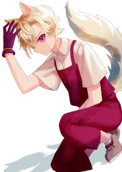 Rule 34 | 1boy, absurdres, animal ears, blonde hair, brown footwear, child, closed mouth, facing to the side, fox boy, fox ears, fox tail, gloves, highres, komagami, looking at viewer, male focus, original, pants, pink eyes, purple gloves, red pants, red vest, shadow, shirt, solo, tail, vest, white background, white shirt