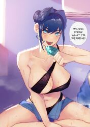 Rule 34 | 1girl, absurdres, arm under breasts, arm up, artist name, bikini, black bikini, blue eyes, blue hair, blue shorts, blush, breasts, cleavage, collarbone, english text, erasorpepero, fangs, food, hair bun, hair intakes, highres, holding, holding food, holding popsicle, hololive, hololive english, large breasts, looking at viewer, medium hair, multicolored hair, navel, open clothes, open shorts, ouro kronii, popsicle, short hair, short shorts, shorts, sidelocks, sitting, skin fangs, skindentation, smile, solo, speech bubble, sweat, sweatdrop, swimsuit, thighs, two-tone hair, virtual youtuber