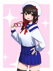Rule 34 | 1girl, black thighhighs, blue skirt, blush, bow, breasts, brown eyes, brown hair, character request, copyright request, glasses, hair bow, hand on own hip, hat, highres, long sleeves, looking at viewer, medium breasts, medium hair, multicolored hair, parted lips, pleated skirt, red-framed eyewear, red bow, red hair, skirt, smile, solo, thighhighs, white hat, yachima tana