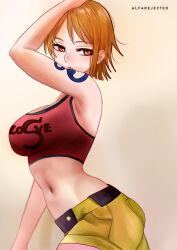 Rule 34 | 1girl, absurdres, alfarejected, armpits, blurry, blurry background, breasts, cowboy shot, female focus, from side, highres, large breasts, midriff, nami (one piece), navel, nose, one piece, orange hair, parted lips, short hair, simple background, solo, white background