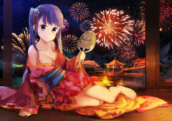 Rule 34 | 10s, 1girl, 2016, :&gt;, arm support, artist name, barefoot, blush, breasts, brown eyes, cleavage, closed mouth, dated, eyebrows, fireworks, floral print, full body, hair ornament, hand fan, head tilt, holding, holding fan, japanese clothes, kanzashi, kimono, long hair, medium breasts, mountain, new game!, night, night sky, off shoulder, outdoors, purple hair, sky, smile, solo, star (sky), starry sky, suzukaze aoba, twintails, very long hair, water, wooden floor, yimn-fletcher