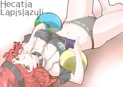 Rule 34 | 1girl, bare shoulders, black shirt, breasts, chain, chain between breasts, character name, cleavage, clothes writing, collar, commentary request, crop top, earth (ornament), english text, gold chain, hecatia lapislazuli, moon (ornament), navel, no pants, off shoulder, panties, red eyes, red hair, shirt, solo, t-shirt, text on panties, touhou, underwear, zannen na hito