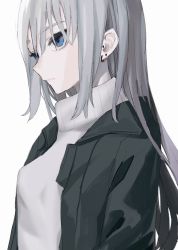 Rule 34 | 1girl, bad id, bad twitter id, blue eyes, closed mouth, ear piercing, earrings, from side, green jacket, grey hair, highres, jacket, jewelry, long hair, migihidari (puwako), open clothes, open jacket, original, piercing, simple background, solo, sweater, upper body, white background, white sweater