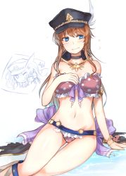 Rule 34 | 10s, 1girl, :&gt;, ;q, ^^^, aqua hair, arm support, bikini, blue eyes, blush, bracelet, braid, breast suppress, breasts, brown hair, choker, female focus, flying, frilled bikini, frills, ganesagi, gradient hair, granblue fantasy, groin, hat, jewelry, large breasts, lecia (granblue fantasy), long hair, multicolored hair, navel, one eye closed, partially colored, peaked cap, pink bikini, polka dot, polka dot bikini, polka dot swimsuit, sitting, solo, swimsuit, thigh gap, tongue, tongue out, very long hair, white background, zeta (granblue fantasy)