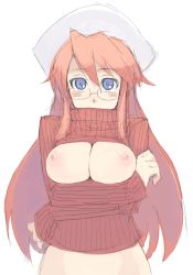 Rule 34 | 1girl, aty, aty (summon night), bad id, bad pixiv id, blue eyes, bottomless, breasts, glasses, kusanagi tonbo, large breasts, long hair, nipples, out-of-frame censoring, red hair, solo, summon night, summon night 3, turtleneck