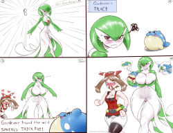 Rule 34 | 2girls, 4koma, angry, bandana, bike shorts, bike shorts under shorts, blood, blush, breast expansion, breasts, brown hair, cleavage, closed eyes, closed mouth, comic, cowboy shot, creatures (company), curvy, english text, female pervert, game freak, gardevoir, gen 3 pokemon, green hair, large breasts, may (pokemon), multiple girls, nintendo, nosebleed, pervert, plasmid, pokemon, pokemon (creature), pokemon oras, red eyes, short hair, shorts, sidelocks, simple background, sleeveless, smile, spheal, standing, text focus, veins, watch, white background, wide hips, wristwatch