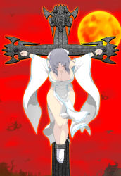 Rule 34 | 10s, 1girl, armpits, bare legs, bare shoulders, breasts, cleavage, closed eyes, commentary request, cross, crucifixion, full body, grey hair, hair ribbon, hanging breasts, head down, japanese clothes, large breasts, legs together, loincloth, long sleeves, moon, off shoulder, outdoors, parted bangs, red moon, red sky, restrained, ribbon, ribbon-trimmed sleeves, ribbon trim, senran kagura, short hair, sky, socks, solo, tabi, tom-supaiku, white ribbon, white socks, wide sleeves, yumi (senran kagura)