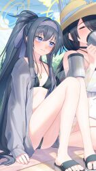 Rule 34 | 2girls, absurdres, bags under eyes, bare legs, bikini, black bikini, black hair, blue archive, breasts, cardigan, cup, drinking, grey cardigan, halo, highres, hinata (blue archive), hinata (swimsuit) (blue archive), holding, holding cup, knees up, light smile, looking at another, multiple girls, official alternate costume, one-piece swimsuit, ponytail, sandals, sidelocks, sitting, small breasts, string bikini, swimsuit, tamayume, ui (blue archive), ui (swimsuit) (blue archive), white one-piece swimsuit