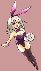 Rule 34 | 1girl, animal ears, detached collar, drink, fake animal ears, female focus, full body, highres, leotard, open mouth, playboy bunny, purple eyes, rabbit ears, simple background, solo, thighhighs, tray, waitress, wrist cuffs