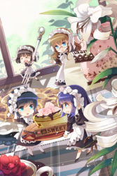 Rule 34 | &gt; &lt;, 4girls, ahoge, apron, black hair, blue eyes, blue hair, blunt bangs, bow, bowl, brown hair, chibi, chief maid, closed eyes, cup, dress, flower, fork, frilled dress, frills, glasses, holding, holding fork, leaf, lowres, maid, maid apron, maid headdress, mary janes, mini person, minigirl, multiple girls, new maid, open mouth, orchid, plaid, plate, pointing, purple hair, ribbon, shoes, smile, sparkle, standing, star (symbol), sugar cube, sunflower, swept bangs, sword girls, teacup, teeth, vase, window