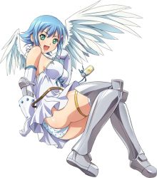 Rule 34 | 00s, 1girl, angel, angel of light nanael, angel wings, armor, armored boots, blue hair, boots, breasts, dress, full body, gauntlets, green eyes, looking at viewer, nanael (queen&#039;s blade), nanael (queen's blade), official art, open mouth, panties, polka dot, polka dot panties, queen&#039;s blade, short hair, sideboob, sleeveless, sleeveless dress, solo, transparent background, underwear, white dress, white panties, wings