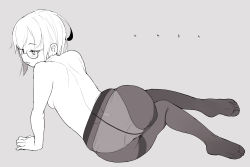 Rule 34 | 1girl, arm support, ass, back, blush, breasts, commentary request, crotch seam, feet, glasses, greyscale, highres, looking away, lying, monochrome, neyuki rei, no shoes, on side, open mouth, original, panties, panties under pantyhose, pantyhose, short hair, simple background, small breasts, soles, solo, topless, underwear