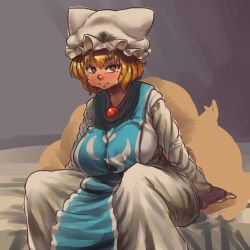Rule 34 | 1girl, blonde hair, blush, breasts, chanta (ayatakaoisii), dress, female focus, fox tail, hat, large breasts, looking at viewer, mob cap, multiple tails, short hair, simple background, smile, solo, tabard, tail, touhou, yakumo ran, yellow eyes