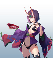 Rule 34 | 1girl, absurdres, ar (3779609928), bob cut, breasts, cup, eyeliner, fate/grand order, fate (series), headpiece, highres, horns, japanese clothes, kimono, makeup, navel, oni, open clothes, open kimono, purple eyes, purple hair, purple kimono, revealing clothes, sakazuki, short eyebrows, short hair, shuten douji (fate), skin-covered horns, small breasts, solo