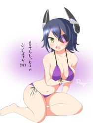 Rule 34 | 10s, 1girl, bikini, breast hold, breasts, cleavage, deego (omochi bazooka), embarrassed, eyepatch, fang, front-tie top, headgear, kantai collection, large breasts, looking at viewer, navel, open mouth, purple bikini, purple hair, short hair, sitting, solo, sweatdrop, swimsuit, tears, tenryuu (kancolle), translated, yellow eyes