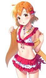 Rule 34 | 1girl, :o, ahoge, bad id, bad pixiv id, bare shoulders, bikini, blush, breasts, brown eyes, brown jacket, cleavage, collarbone, commentary request, frilled bikini, frills, hair ornament, hair ribbon, hands up, idolmaster, idolmaster million live!, jacket, jewelry, k mugura, looking at viewer, navel, necklace, off shoulder, open clothes, open jacket, orange hair, parted lips, polka dot, polka dot bikini, red ribbon, ribbon, simple background, small breasts, solo, standing, star (symbol), star hair ornament, star necklace, swimsuit, white background, white bikini, yabuki kana