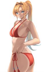 Rule 34 | ass, blonde hair, blue eyes, blush, breasts, closed mouth, eyelashes, granblue fantasy, hand on own hip, highres, large breasts, long hair, looking at viewer, ponytail, renzu (lens 02), smile, zeta (granblue fantasy), zeta (summer) (granblue fantasy)