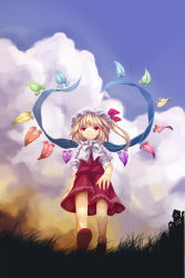Rule 34 | 1girl, bad id, bad pixiv id, blonde hair, blue sky, blush, cloud, cloudy sky, day, evening, female focus, flandre scarlet, grass, hat, looking at viewer, mewkoala, mob cap, outdoors, plant, puffy short sleeves, puffy sleeves, red eyes, shoes, short hair, short sleeves, side ponytail, sky, socks, solo, touhou, walking, wings