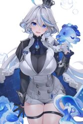 Rule 34 | 1girl, alternate breast size, ascot, black gloves, blue eyes, blue pupils, breasts, cape, commentary, cowboy shot, crown, eyelashes, fur-trimmed cape, fur trim, furina (genshin impact), genshin impact, gloves, grey hair, hair between eyes, hair intakes, hand up, highres, kaneko (bblogtinhan), large breasts, long hair, long sleeves, looking at viewer, lower teeth only, mini crown, multicolored hair, open mouth, short shorts, shorts, simple background, streaked hair, symbol-shaped pupils, teeth, thigh gap, thigh strap, thighs