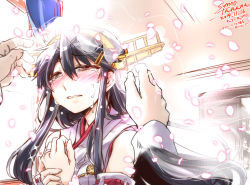 Rule 34 | 10s, 4girls, antennae, black hair, blush, bridal veil, bride, commentary request, crying, crying with eyes open, dated, dress, hair ornament, happy tears, haruna (kancolle), hiei (kancolle), jewelry, kantai collection, kirishima (kancolle), kongou (kancolle), long hair, multiple girls, nontraditional miko, open clothes, open dress, petals, pov, pov hands, ring, signature, takana shinno, tears, veil, wedding, wedding band, wedding dress, wedding ring