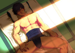 Rule 34 | 10s, 1boy, black hair, bulge, unworn clothes, doudanuki masakuni, from above, hand on own thigh, japanese clothes, looking at viewer, lvlv, lying, male focus, nipples, on back, pillow, scar, short hair, solo, spread legs, touken ranbu, underwear, underwear only, yellow eyes