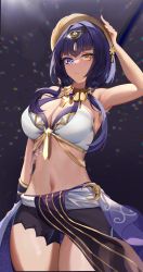 Rule 34 | 1girl, absurdres, armpits, bare arms, bare shoulders, blue eyes, blue hair, blush, breasts, candace (genshin impact), cleavage, closed mouth, egyptian clothes, genshin impact, hand on own head, heterochromia, highres, large breasts, long hair, looking at viewer, navel, niduannowu, thighs, yellow eyes