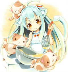 Rule 34 | 1girl, :p, ahoge, aikei ake, animal ears, blush, brown eyes, cat, cat ears, dress, green hair, headdress, long hair, looking at viewer, mixing bowl, original, smile, solo, tail, tongue, tongue out, very long hair, whisk