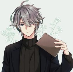Rule 34 | 1boy, ahoge, alhaitham (genshin impact), alternate costume, black jacket, book, brown sweater, casual, commentary request, contemporary, expressionless, eyes visible through hair, flower, genshin impact, green eyes, green hair, grey background, grey hair, hair over one eye, hand up, highres, holding, holding book, jacket, lapels, long sleeves, looking at viewer, male focus, multicolored hair, open clothes, open jacket, parted bangs, parted lips, pochimaru (marumaru wanwan), short hair, sidelocks, simple background, solo, sweater, swept bangs, turtleneck, turtleneck sweater, upper body