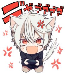 Rule 34 | 1boy, absurdres, anger vein, animal ear fluff, animal ears, black jacket, brown panties, cat boy, cat ears, cat tail, chibi, commentary, controller, fang, full body, game controller, grey hair, hair between eyes, highres, holding, jacket, kuzuha (nijisanji), long sleeves, looking at viewer, male focus, nijisanji, open mouth, panties, red eyes, signature, sleeves past wrists, sofra, solo, tail, translation request, twitter username, underwear, v-shaped eyebrows, virtual youtuber