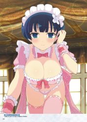 Rule 34 | 10s, 1girl, adjusting hair, all fours, alternate costume, bikini, blue eyes, blue hair, blunt bangs, blush, bow, bra, breasts, cleavage, closed mouth, curtains, detached collar, disembodied head, downblouse, enmaided, flower, frilled sleeves, frills, hair flower, hair ornament, hanging breasts, highres, indoors, large breasts, lens flare, looking at viewer, maid, maid bikini, maid headdress, page number, panties, pink bow, pink bra, pink neckwear, pink panties, pink thighhighs, puffy short sleeves, puffy sleeves, scan, senran kagura, shiny skin, short hair, short sleeves, smile, solo, swimsuit, thigh gap, thighhighs, translation request, unconventional maid, underwear, underwear only, window, wrist cuffs, yaegashi nan, yozakura (senran kagura)