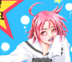 Rule 34 | 00s, 1girl, ahoge, angry, bloodshot eyes, kogami akira, long sleeves, lucky star, oversized clothes, pink hair, realistic, solo, superflat, surfroach, what, yellow eyes