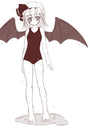 Rule 34 | 1girl, barefoot, bat wings, female focus, flat chest, hat, mob cap, monochrome, one-piece swimsuit, pink theme, puddle, remilia scarlet, school swimsuit, sketch, solo, swimsuit, touhou, wet, wings, yumesato makura