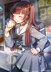 Rule 34 | 1girl, artist name, bag, baozi, black bow, black bowtie, blurry, blush, bokeh, bow, bowtie, breasts, brown hair, choker, closed eyes, closed mouth, collarbone, commentary request, cowboy shot, day, depth of field, eating, facing away, food, grey shirt, grey skirt, hair bow, hair ornament, hand up, highres, holding, holding food, licking lips, long hair, long sleeves, orange bow, original, outdoors, pleated skirt, railing, sailor collar, school bag, school uniform, serafuku, shade, shinishi chiho, shirt, skirt, small breasts, solo, string, tongue, tongue out, twintails, twitter username, white sailor collar