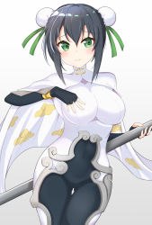 Rule 34 | 1girl, black hair, blush, bodysuit, breasts, bun cover, cape, chinese clothes, closed mouth, covered navel, cowboy shot, double bun, fate/grand order, fate (series), gluteal fold, green eyes, green ribbon, hair bun, hair ribbon, highres, kogetsu azami, large breasts, looking at viewer, polearm, qin liangyu (fate), ribbon, solo, weapon, white bodysuit, white cape