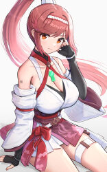 Rule 34 | 1girl, absurdres, bare shoulders, black gloves, breasts, chest jewel, cleavage, collarbone, detached sleeves, elbow gloves, fingerless gloves, glimmer (xenoblade), gloves, gonzarez, hairband, highres, large breasts, long hair, looking at viewer, orange eyes, ponytail, red hair, simple background, solo, thighs, white background, white hairband, white sleeves, xenoblade chronicles (series), xenoblade chronicles 3, xenoblade chronicles 3: future redeemed